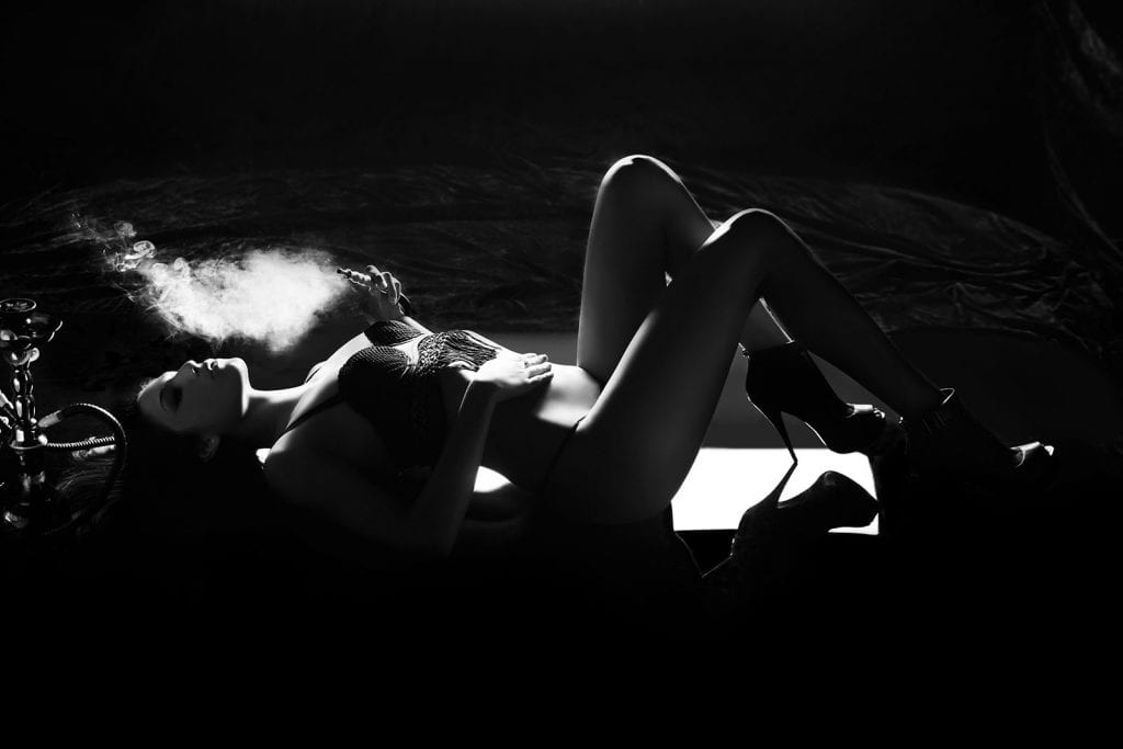 Boudoir Photography Black and white with a hookah
