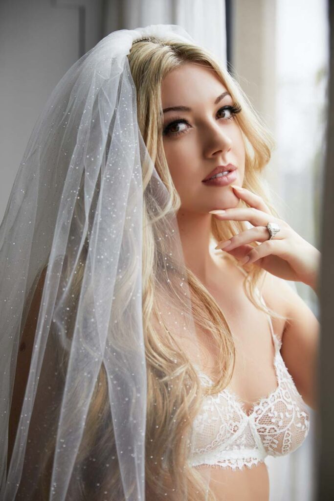 Elegant portrait of a bride wearing veil and bridal lingerie
