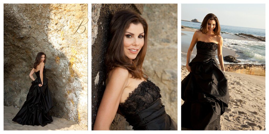Heather Dubrow poses on Victoria Beach in a black couture gown during sunset.
